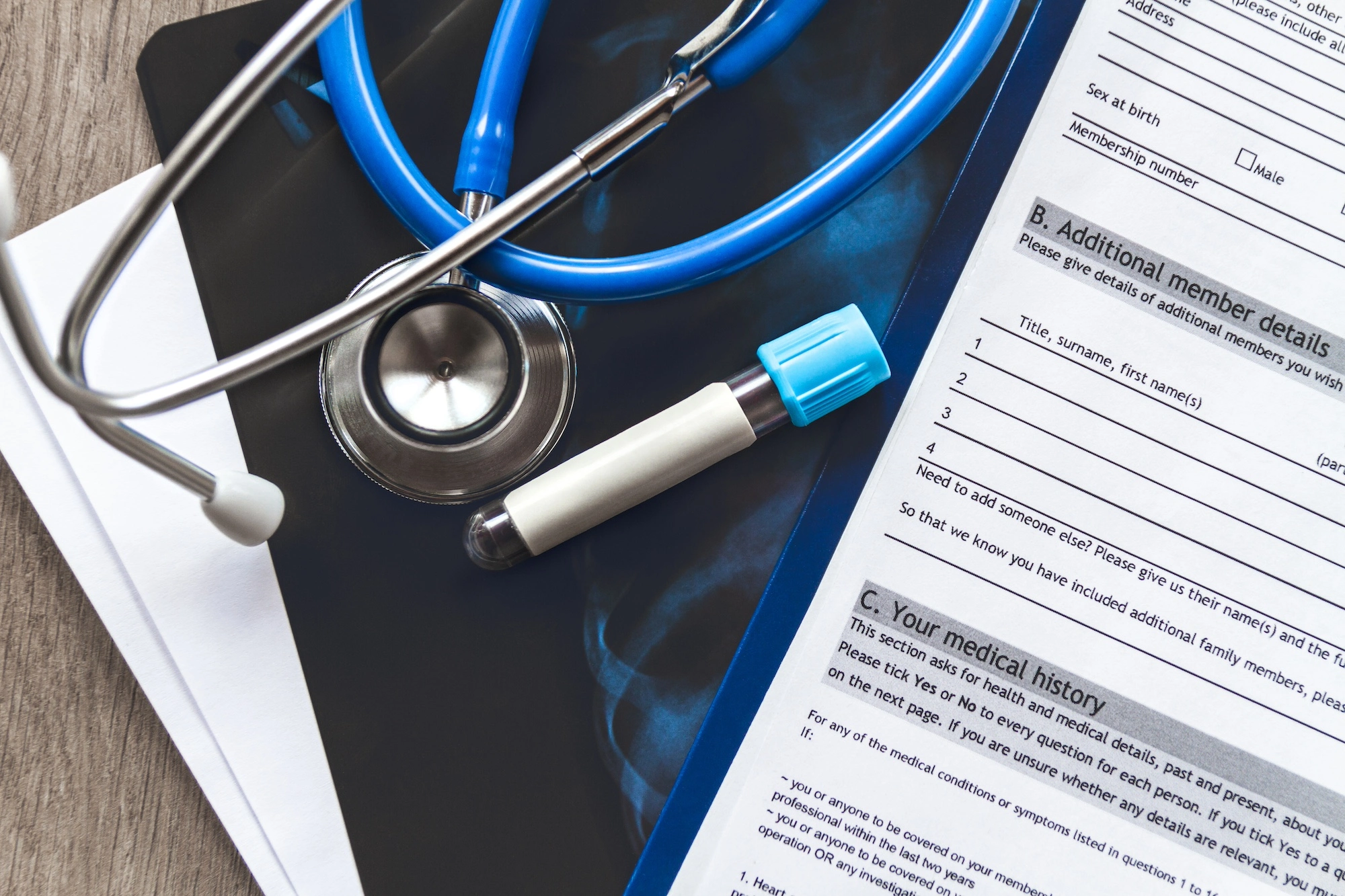 Photo of stethoscope and medical documents